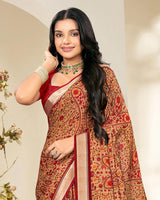 Vishal Prints Cardinal Red And Pastel Orange Criva Crepe Digital Print Saree With Weaved Viscose Patta