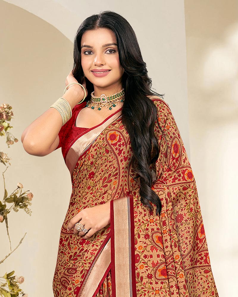 Vishal Prints Cardinal Red And Pastel Orange Criva Crepe Digital Print Saree With Weaved Viscose Patta