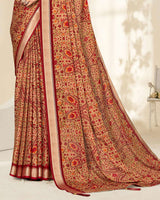 Vishal Prints Cardinal Red And Pastel Orange Criva Crepe Digital Print Saree With Weaved Viscose Patta