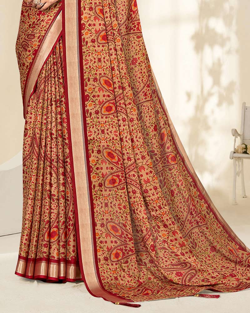 Vishal Prints Cardinal Red And Pastel Orange Criva Crepe Digital Print Saree With Weaved Viscose Patta