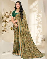 Vishal Prints Mineral Green And Pastel Beige Criva Crepe Digital Print Saree With Weaved Viscose Patta