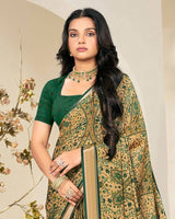 Vishal Prints Mineral Green And Pastel Beige Criva Crepe Digital Print Saree With Weaved Viscose Patta