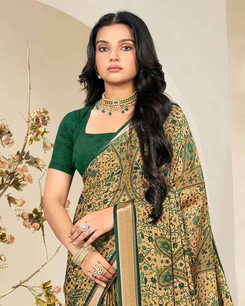 Vishal Prints Mineral Green And Pastel Beige Criva Crepe Digital Print Saree With Weaved Viscose Patta