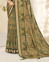 Vishal Prints Mineral Green And Pastel Beige Criva Crepe Digital Print Saree With Weaved Viscose Patta