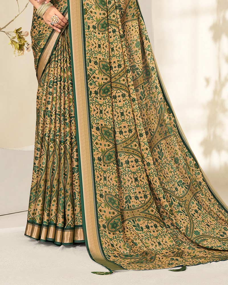 Vishal Prints Mineral Green And Pastel Beige Criva Crepe Digital Print Saree With Weaved Viscose Patta