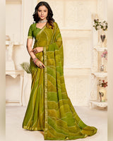 Vishal Prints Olive Yellow Printed Chiffon Saree With Diamond Work And Zari Border