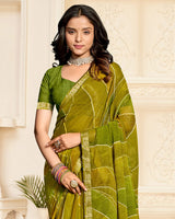 Vishal Prints Olive Yellow Printed Chiffon Saree With Diamond Work And Zari Border