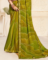 Vishal Prints Olive Yellow Printed Chiffon Saree With Diamond Work And Zari Border