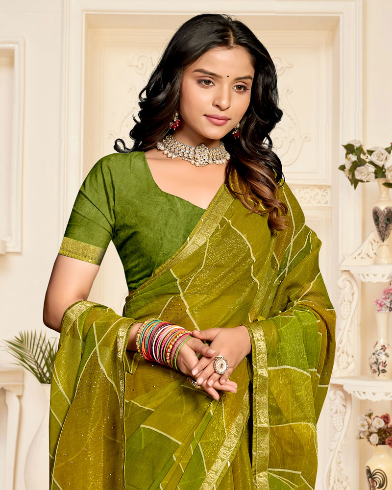 Vishal Prints Olive Yellow Printed Chiffon Saree With Diamond Work And Zari Border