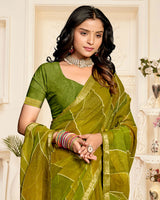 Vishal Prints Olive Yellow Printed Chiffon Saree With Diamond Work And Zari Border