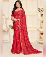 Vishal Prints Persian Red Printed Chiffon Saree With Diamond Work And Zari Border