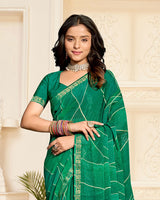 Vishal Prints Spring Green Printed Chiffon Saree With Diamond Work And Zari Border