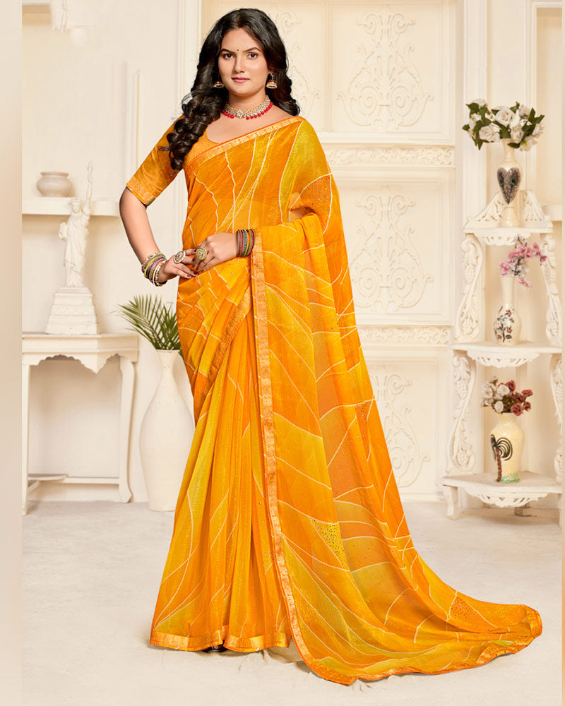 Vishal Prints Dark Orange Printed Chiffon Saree With Diamond Work And Zari Border