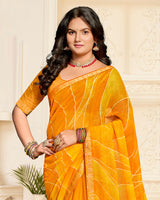 Vishal Prints Dark Orange Printed Chiffon Saree With Diamond Work And Zari Border