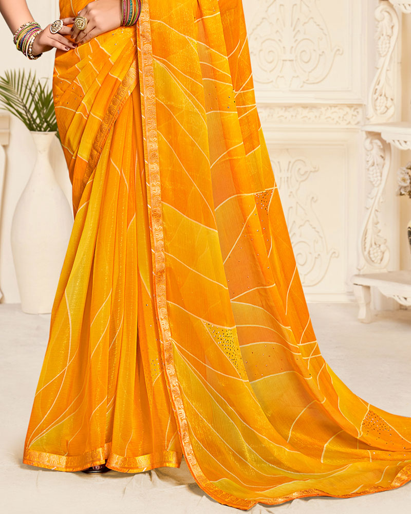 Vishal Prints Dark Orange Printed Chiffon Saree With Diamond Work And Zari Border