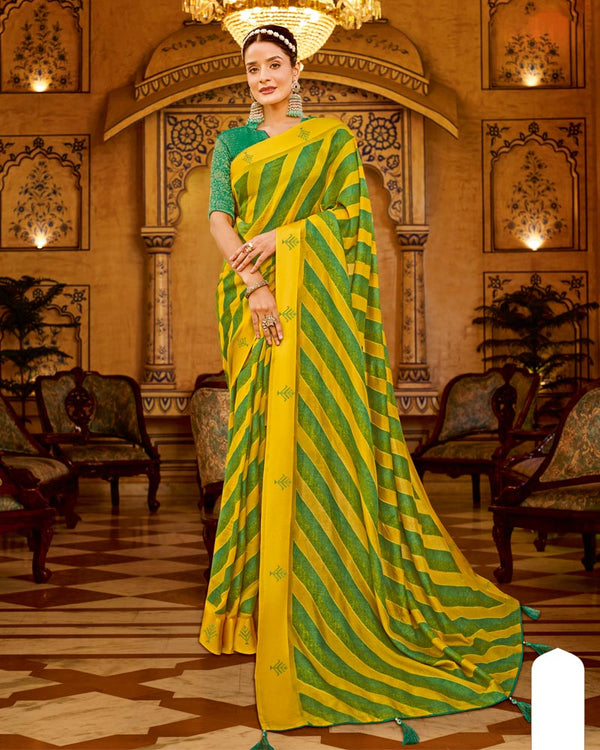 Vishal Prints Yellow Designer Silk Brasso Saree With Diamond Work And Weaved Satin Patta