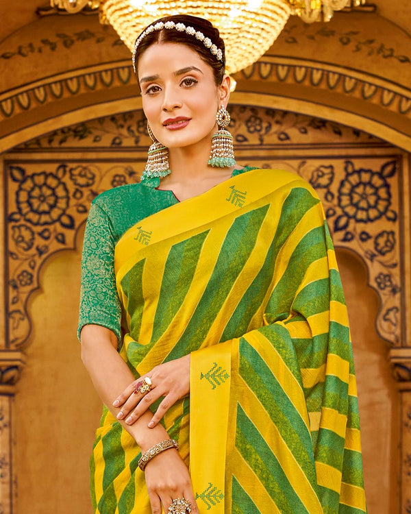Vishal Prints Yellow Designer Silk Brasso Saree With Diamond Work And Weaved Satin Patta