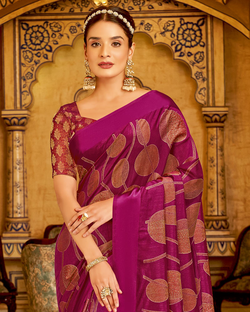 Vishal Prints Dark Fuchsia Designer Silk Brasso Saree With Diamond Work And Weaved Satin Patta