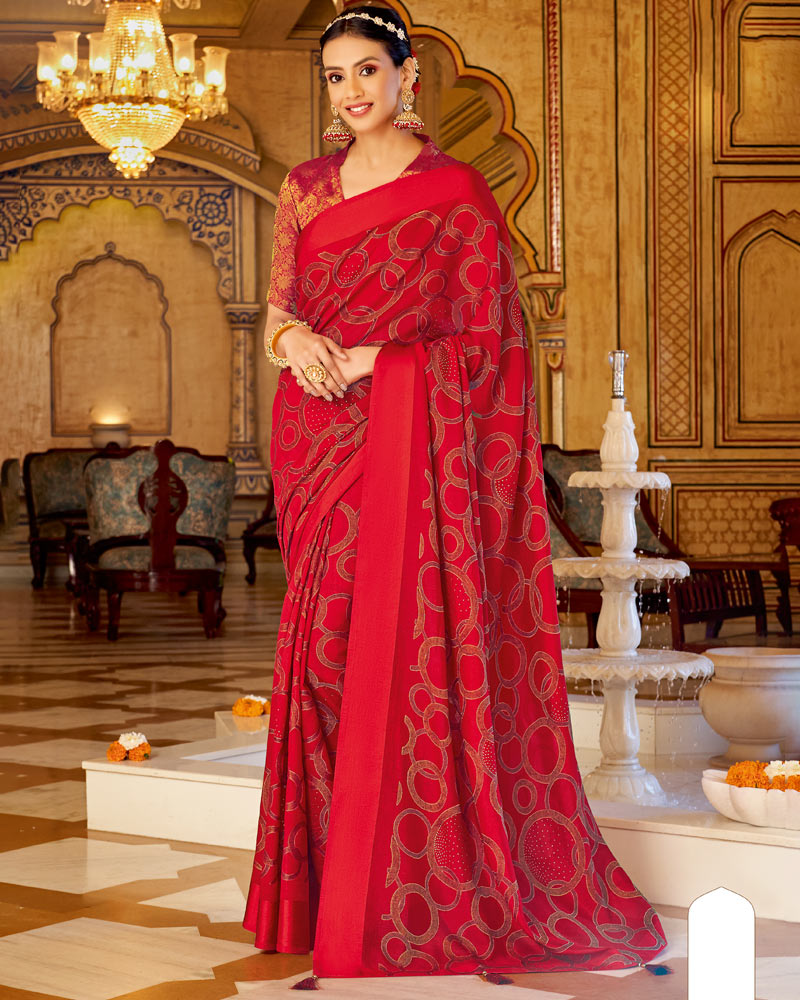 Vishal Prints Red Designer Silk Brasso Saree With Diamond Work And Weaved Satin Patta