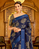 Vishal Prints Ink Blue Designer Silk Brasso Saree With Diamond Work And Weaved Satin Patta