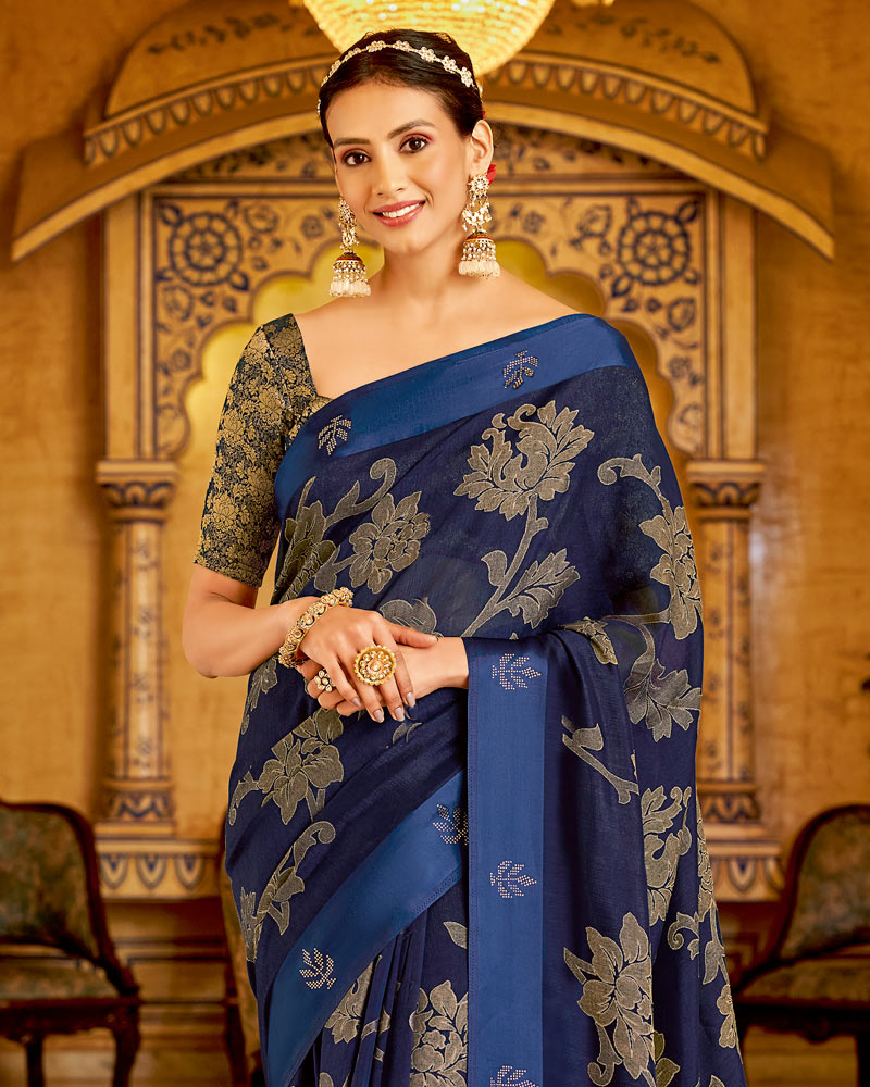 Vishal Prints Ink Blue Designer Silk Brasso Saree With Diamond Work And Weaved Satin Patta