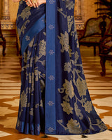 Vishal Prints Ink Blue Designer Silk Brasso Saree With Diamond Work And Weaved Satin Patta