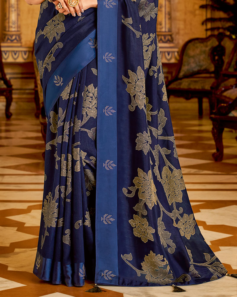 Vishal Prints Ink Blue Designer Silk Brasso Saree With Diamond Work And Weaved Satin Patta