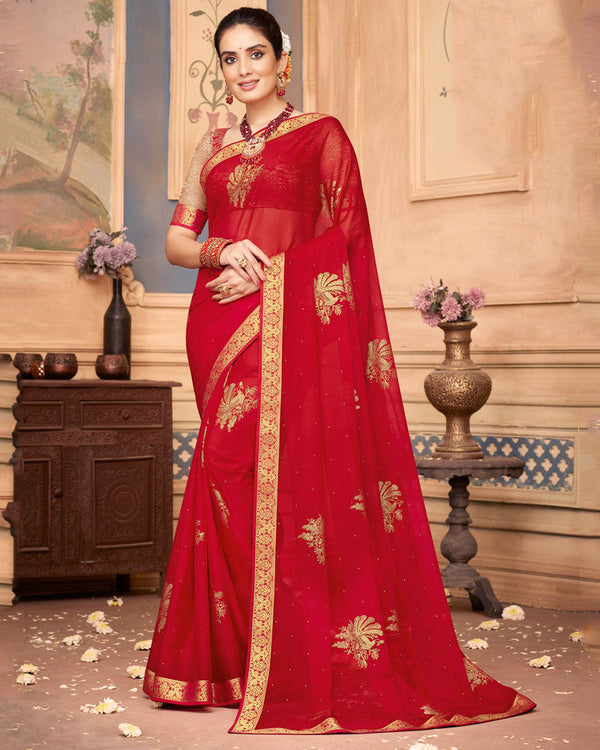 Vishal Prints Dark Red Chiffon Saree With Foil Print And Zari Border