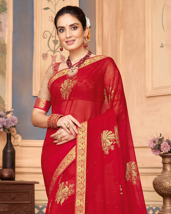 Vishal Prints Dark Red Chiffon Saree With Foil Print And Zari Border
