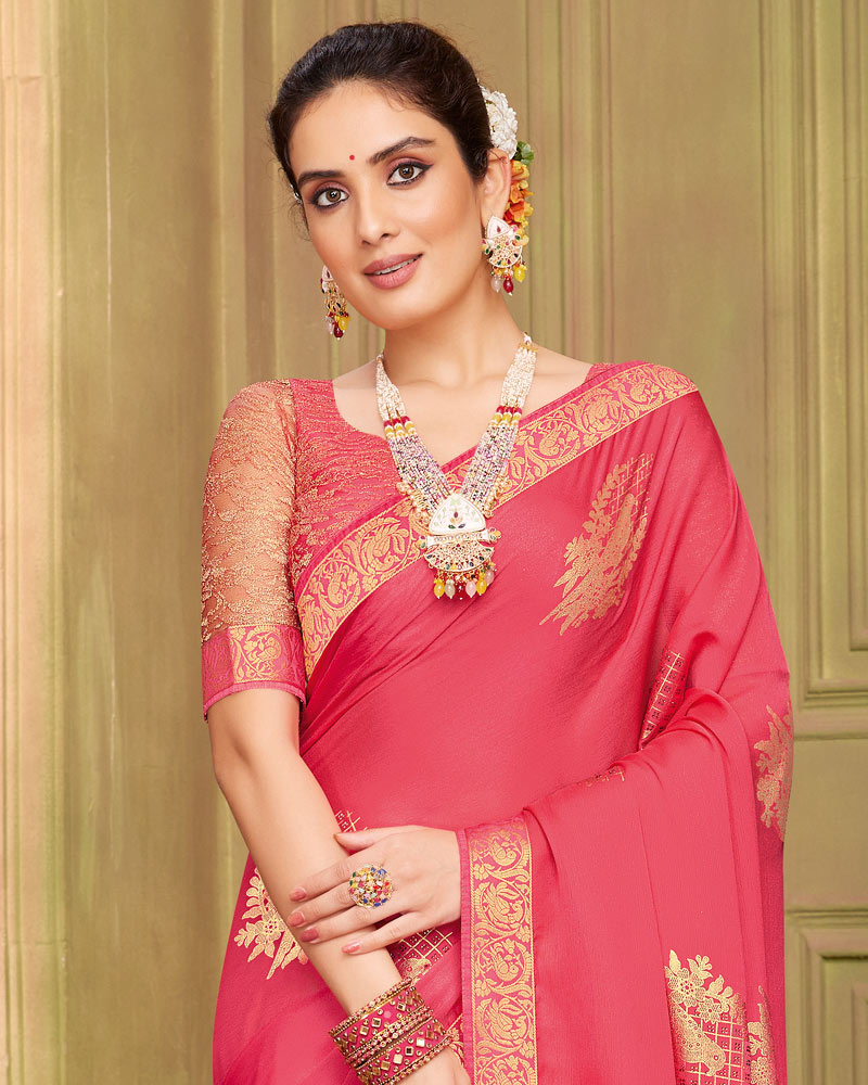 Vishal Prints Red Pink Chiffon Saree With Foil Print And Zari Border