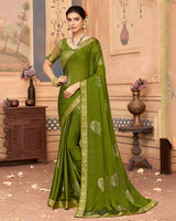 Vishal Prints Mehandi Green Chiffon Saree With Foil Print And Zari Border