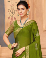 Vishal Prints Mehandi Green Chiffon Saree With Foil Print And Zari Border