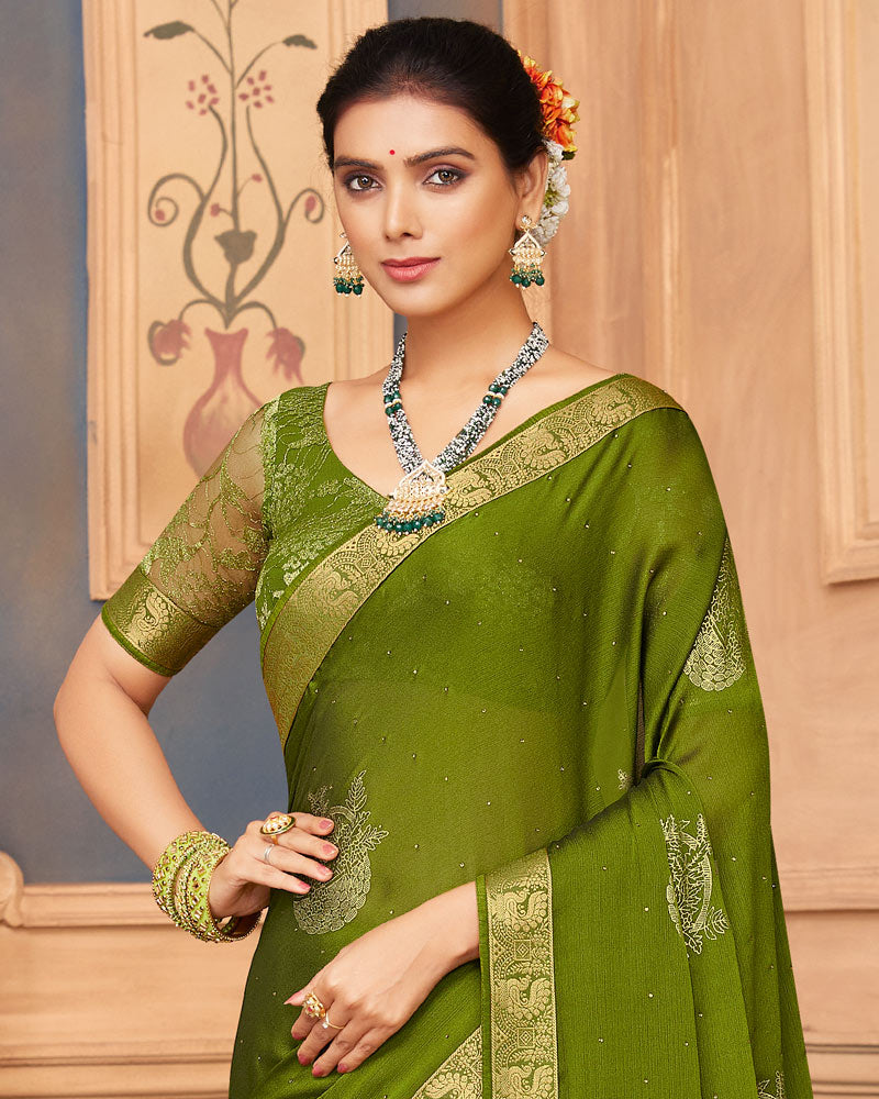 Vishal Prints Mehandi Green Chiffon Saree With Foil Print And Zari Border