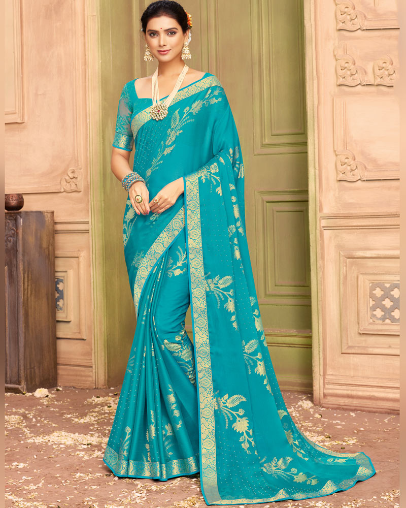 Vishal Prints Dark Turquoise Blue Chiffon Saree With Foil Print And Zari Border