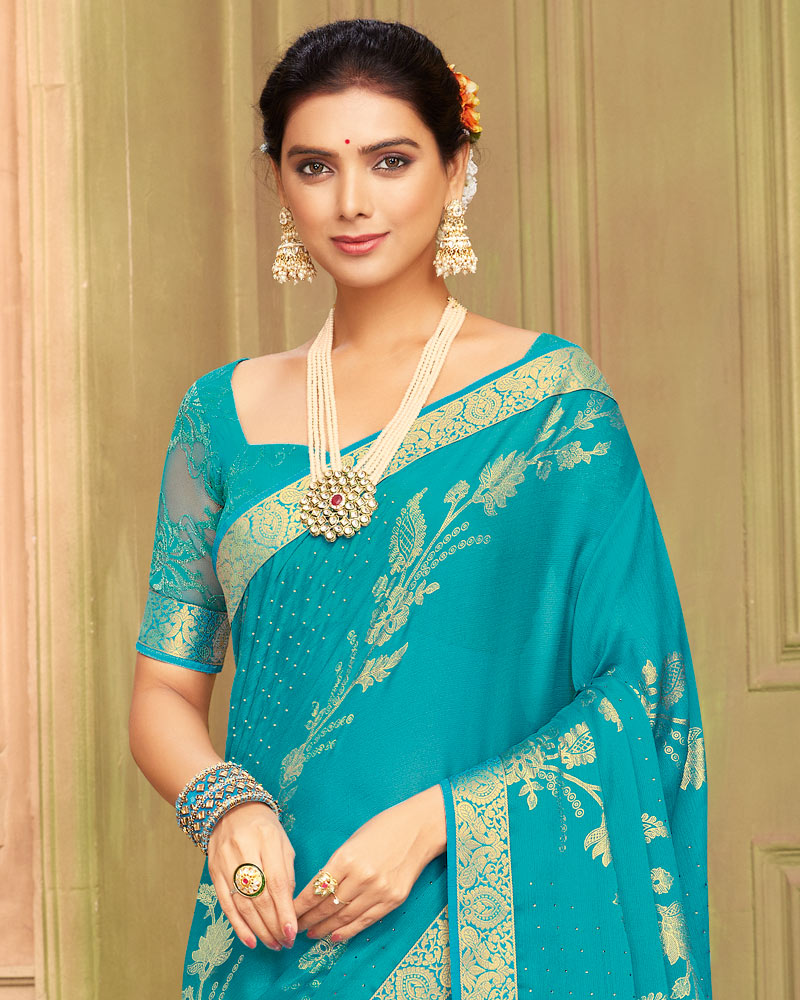 Vishal Prints Dark Turquoise Blue Chiffon Saree With Foil Print And Zari Border