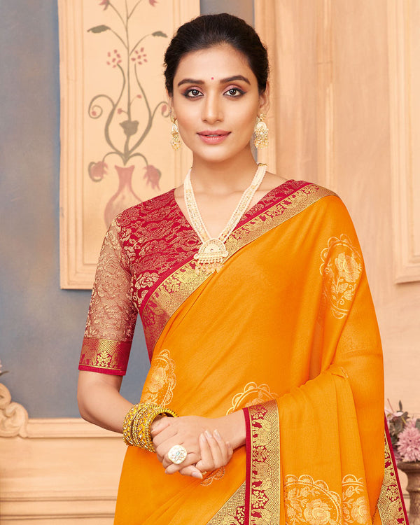 Vishal Prints Yellowish Orange Chiffon Saree With Foil Print And Zari Border