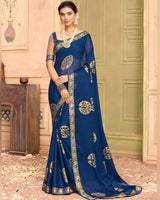 Vishal Prints Navy Blue Chiffon Saree With Foil Print And Zari Border