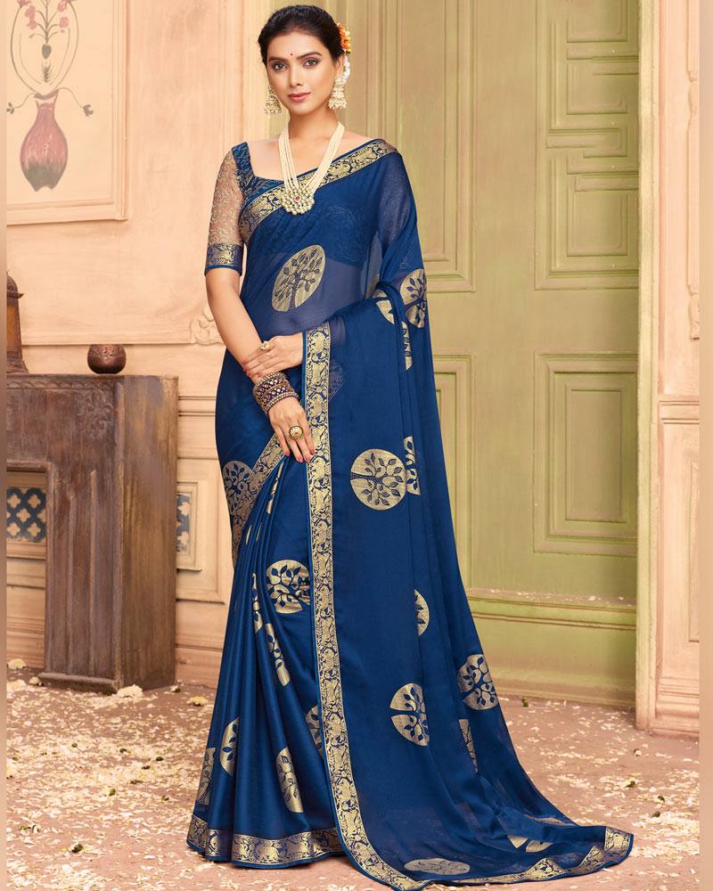 Vishal Prints Navy Blue Chiffon Saree With Foil Print And Zari Border