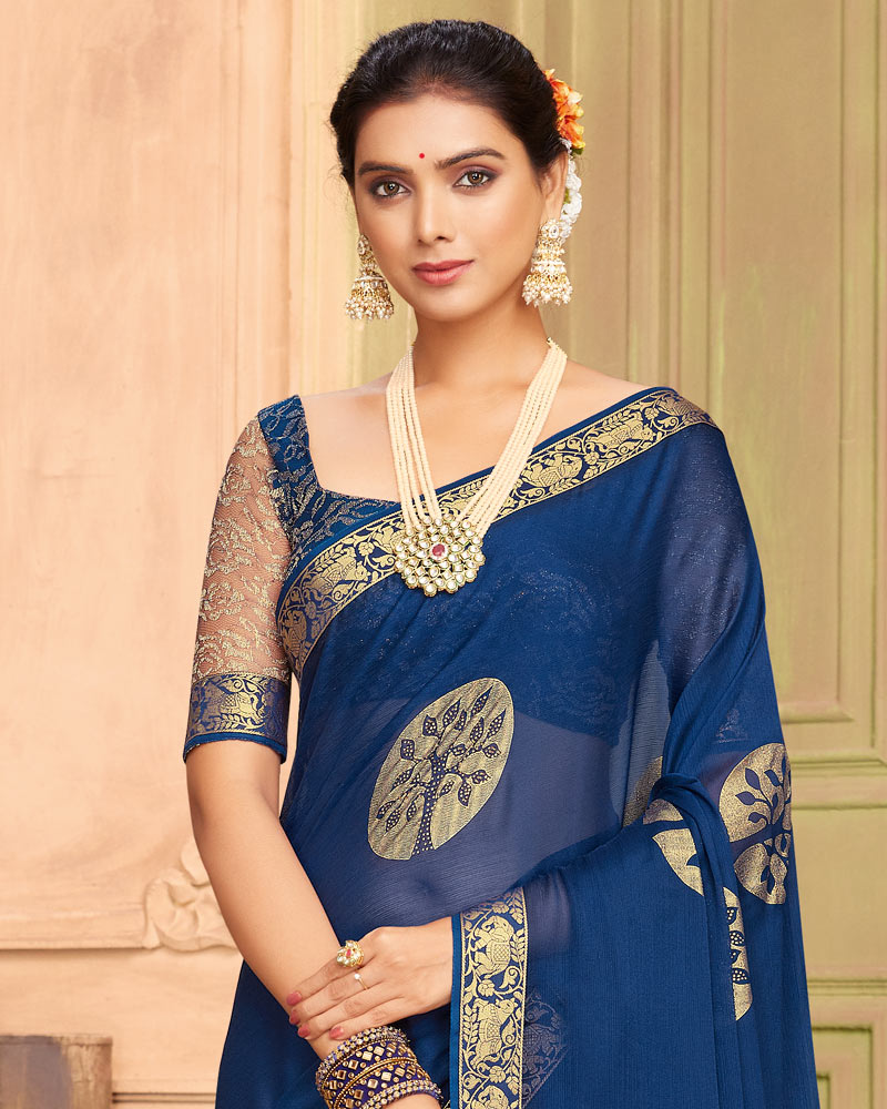 Vishal Prints Navy Blue Chiffon Saree With Foil Print And Zari Border