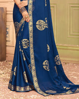 Vishal Prints Navy Blue Chiffon Saree With Foil Print And Zari Border