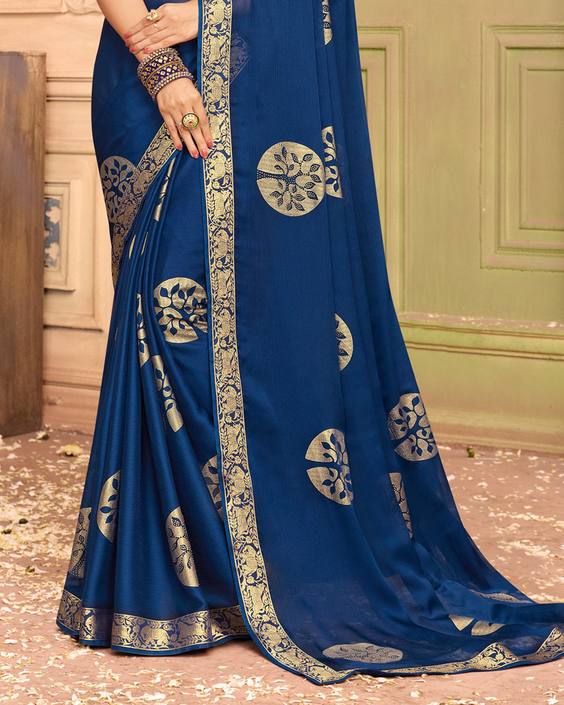 Vishal Prints Navy Blue Chiffon Saree With Foil Print And Zari Border