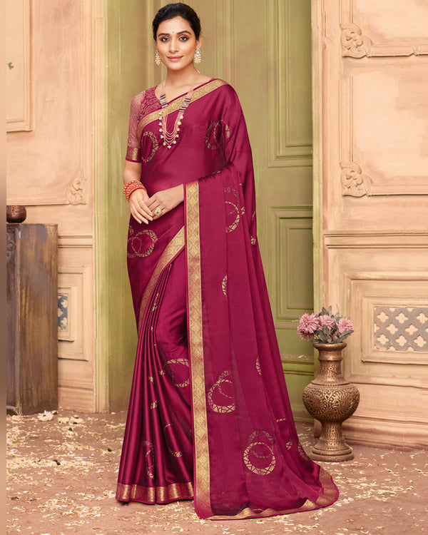 Vishal Prints Wine Chiffon Saree With Foil Print And Zari Border