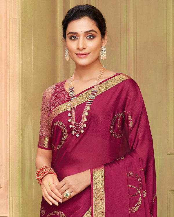Vishal Prints Wine Chiffon Saree With Foil Print And Zari Border