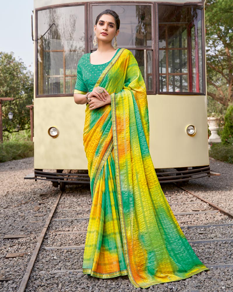 Vishal Prints Multi Green And Yellow Digital Print Patterned Chiffon Saree With Fancy Border
