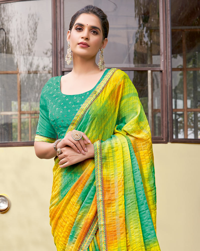 Vishal Prints Multi Green And Yellow Digital Print Patterned Chiffon Saree With Fancy Border