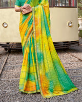 Vishal Prints Multi Green And Yellow Digital Print Patterned Chiffon Saree With Fancy Border