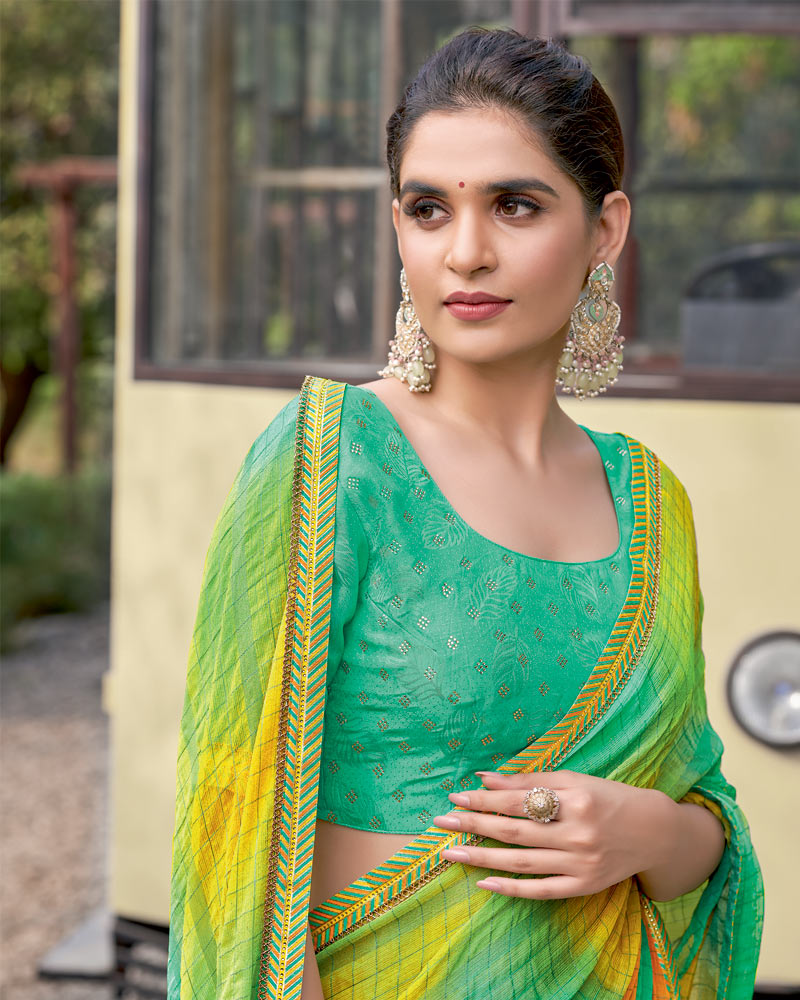 Vishal Prints Multi Green And Yellow Digital Print Patterned Chiffon Saree With Fancy Border