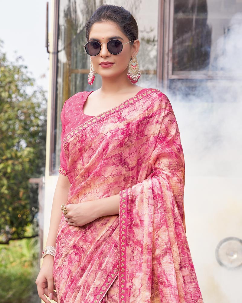 Vishal Prints Tulip Pink Digital Print Patterned Chiffon Saree With Fancy Border