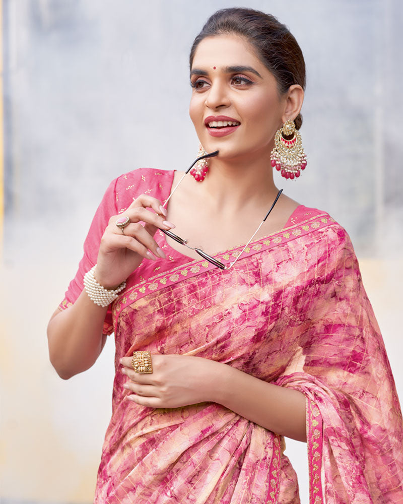 Vishal Prints Tulip Pink Digital Print Patterned Chiffon Saree With Fancy Border