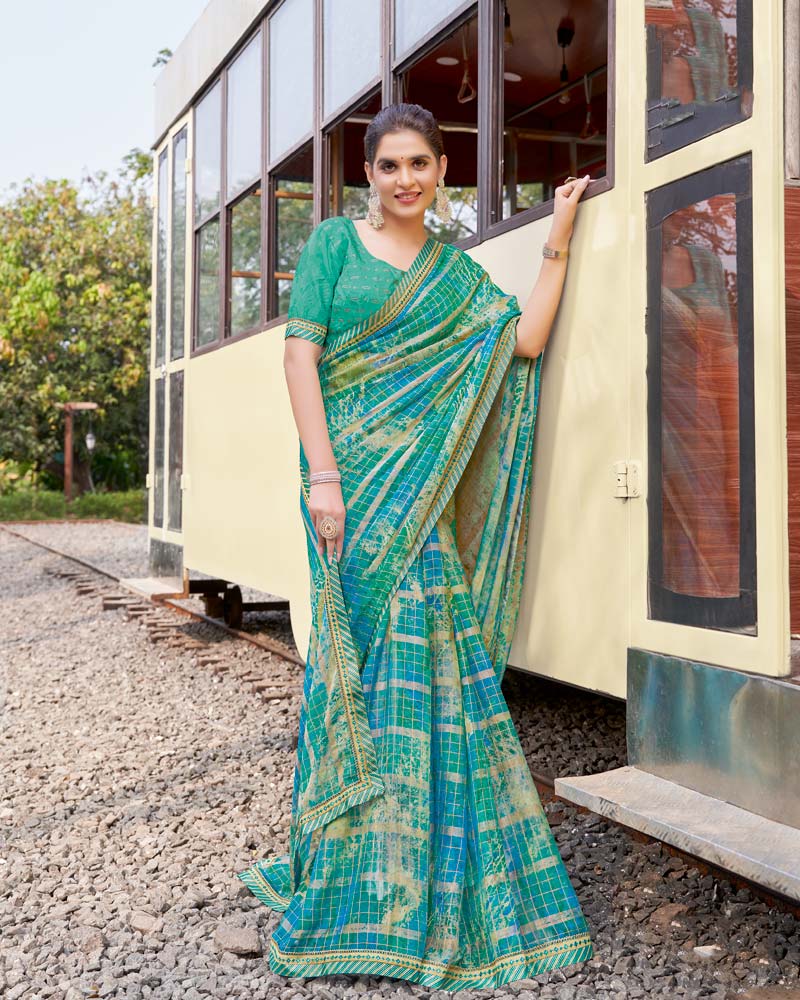 Vishal Prints Mint Green And Electric Blue Digital Print Patterned Chiffon Saree With Fancy Border